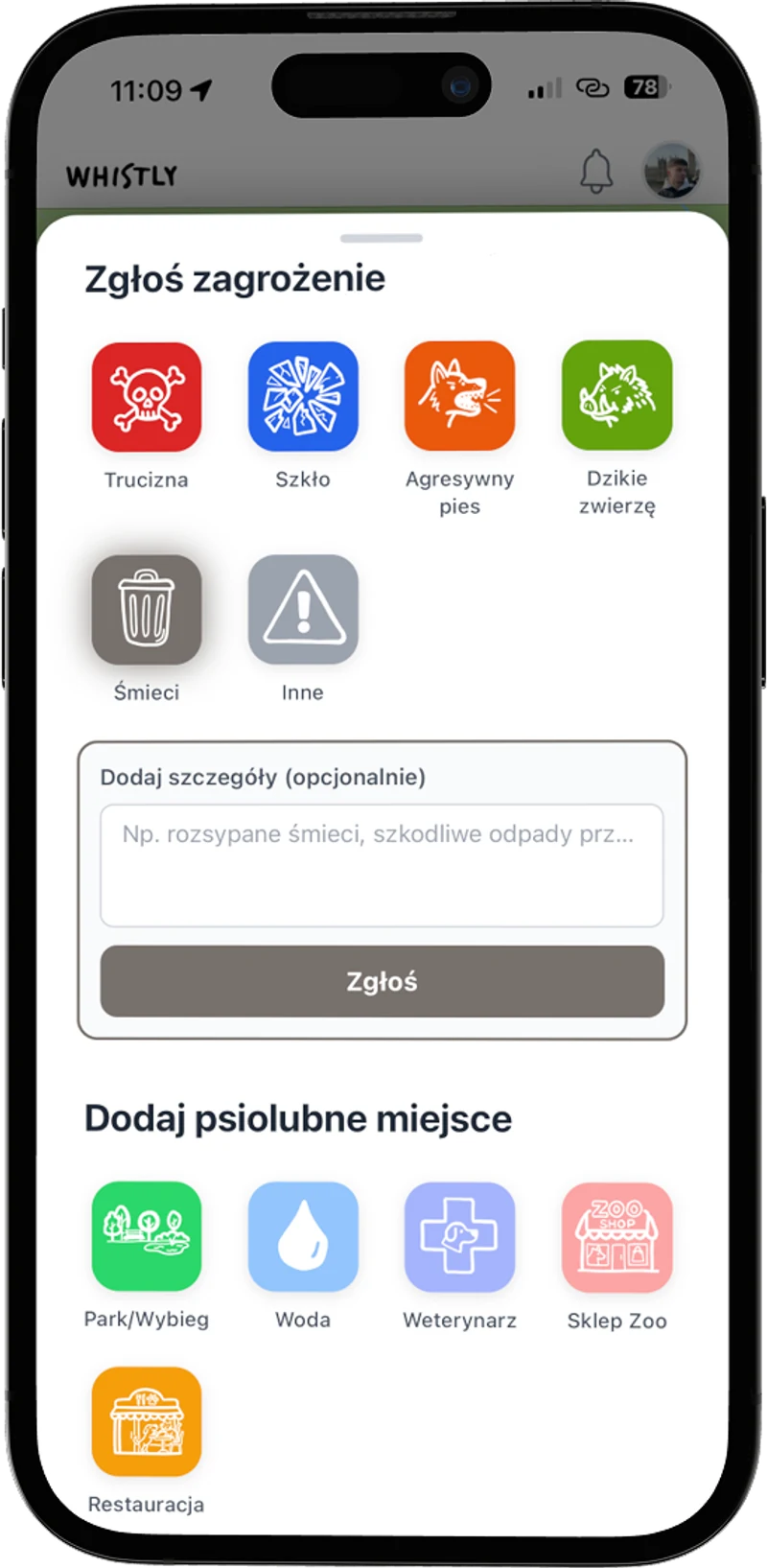 Ekran zgłaszania zagrożenia w Whistly: trucizna, szkło, agresywny pies, dzikie zwierzę