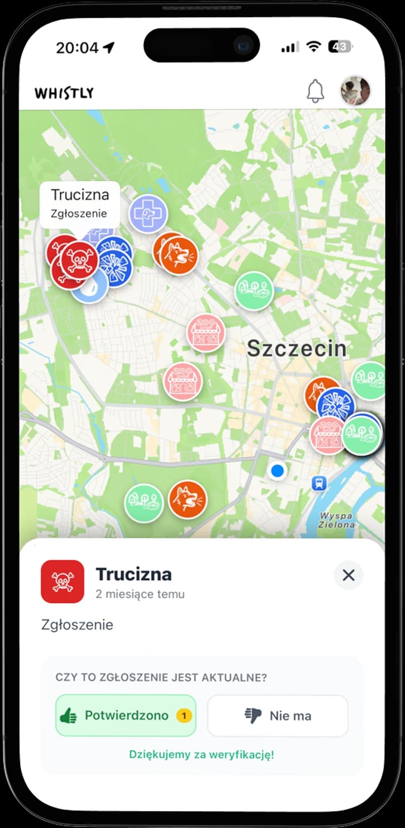 Mapa Whistly w Szczecinie ze zgłoszeniami zagrożeń i potwierdzeniem zgłoszenia trucizny